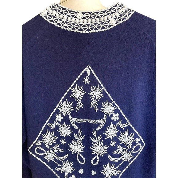 Vtg Elsie Tu Hong Kong 50s 60s Navy Blue Wool Beaded Cardigan Sweater Sz 38 - Picture 10 of 13